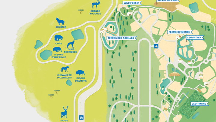 Le détail de la carte du Parc zoologique de Thoiry (Yvelines), montrant les parties réservées au safari. (ZOO DE THOIRY)